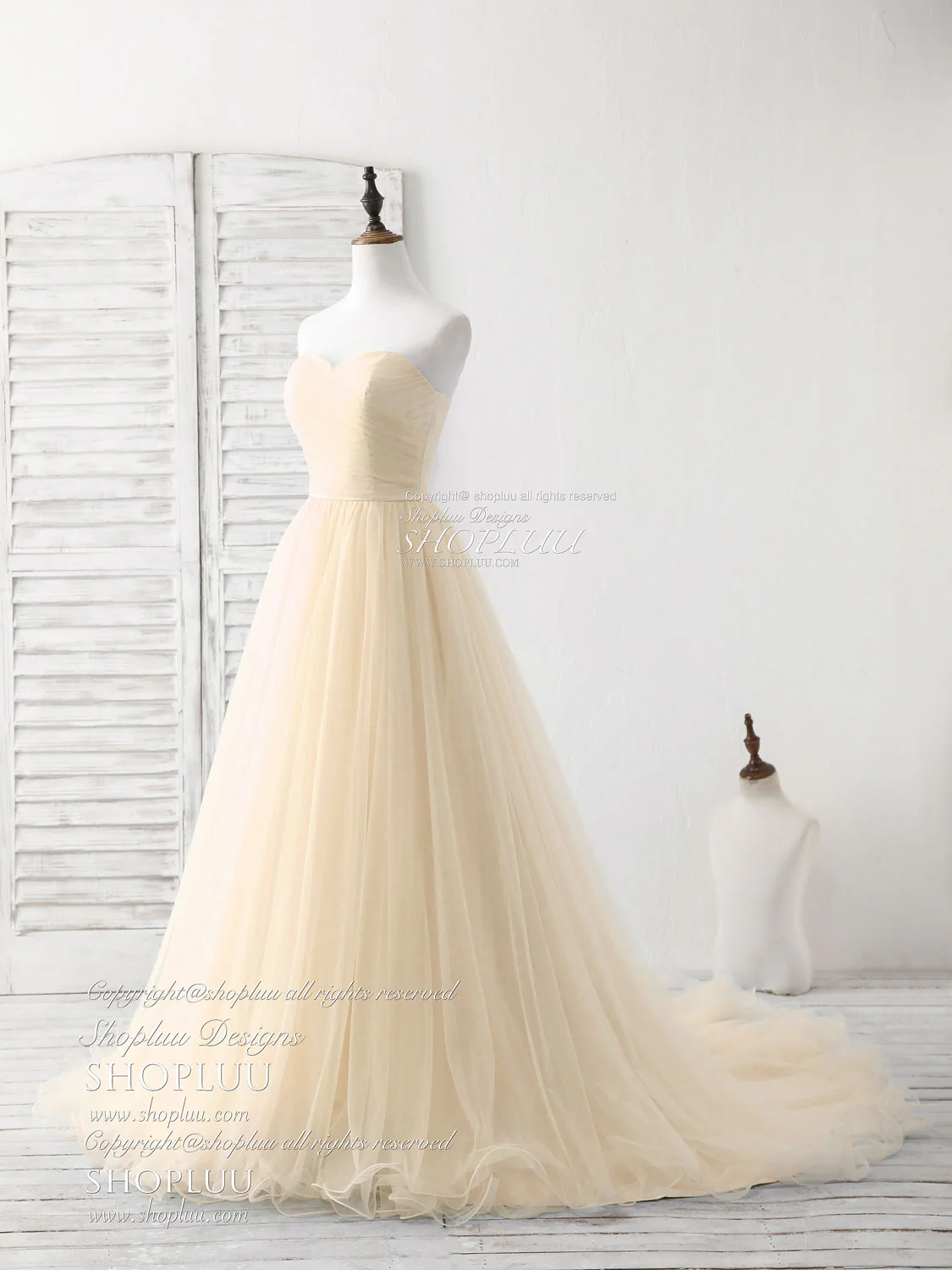 Simple Sweetheart Champagne Tulle Long Prom Dress Champagne Evening Dress - Deanwangkt