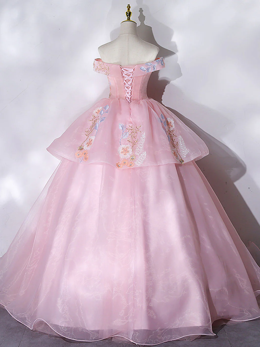 A-Line Off Shoulder Organza Lace Pink Long Prom Dress. Pink Sweet 16 Dress - Deanwangkt