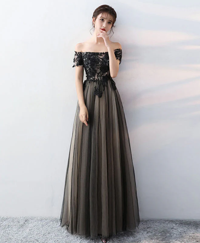 Black Lace Tulle Long Prom Dress, Black Formal Party Dress - Deanwangkt
