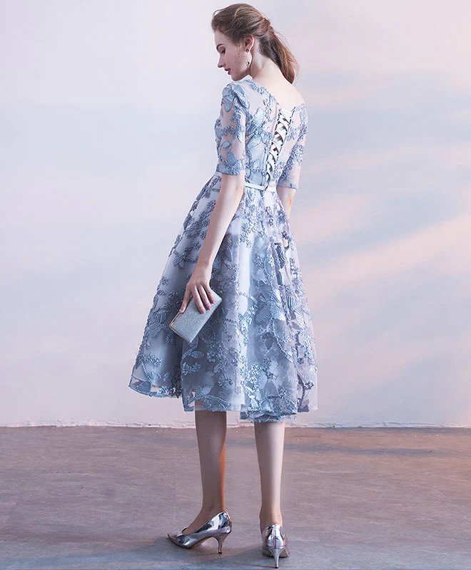 Gray Blue Tulle Lace Short Prom Dress, Gray Blue Homecoming Dress - Deanwangkt