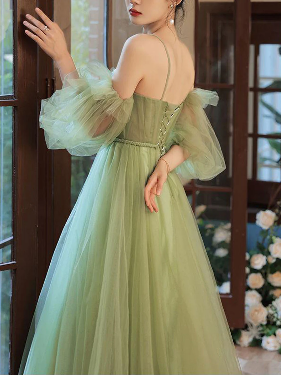 Simple A line Green Long Prom Dress, Green Tulle Bridesmaid Dress - Deanwangkt