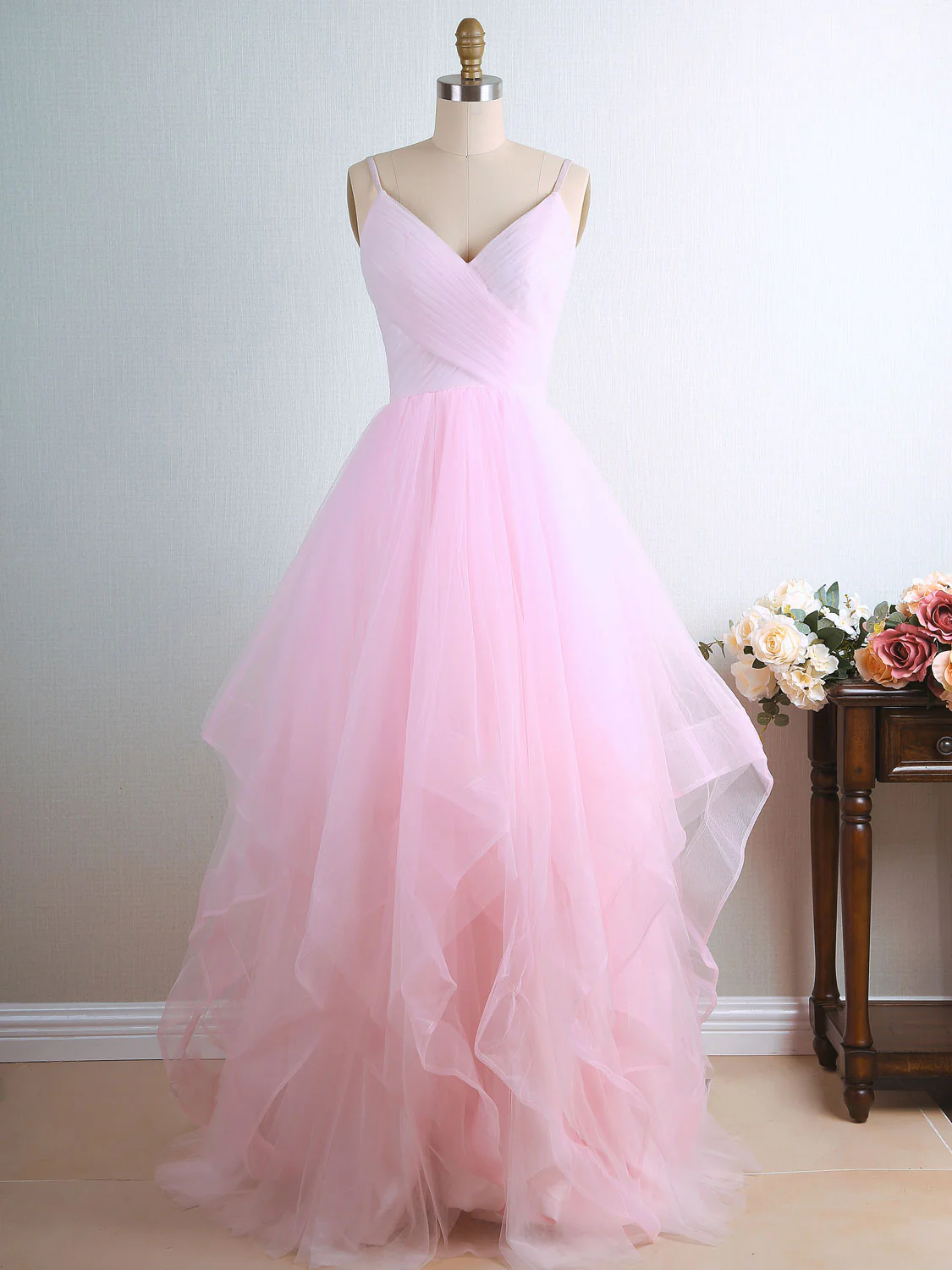 Pink Tulle Long Prom Dress, Pink Tulle Formal Graduation Dress - Deanwangkt