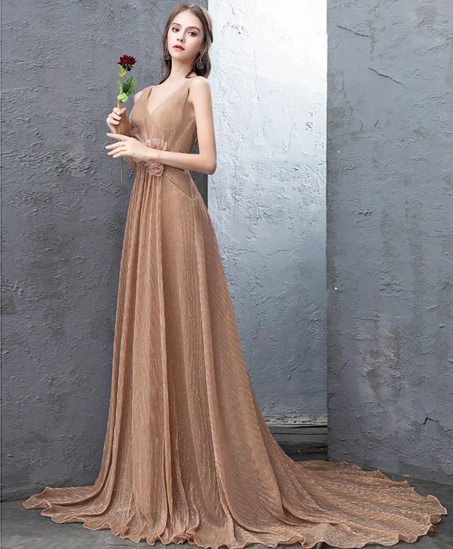 Unique Gold V Neck Tulle Long Prom Dress, Gold Tulle Evening Dress - Deanwangkt
