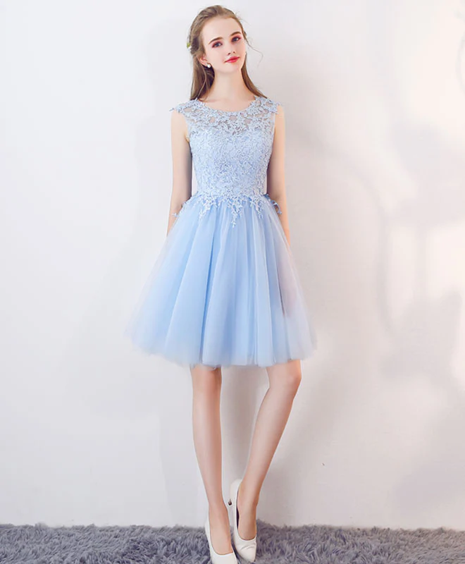 Cute Blue Tulle Lace Short Prom Dress, Blue Homecoming Dress - Deanwangkt