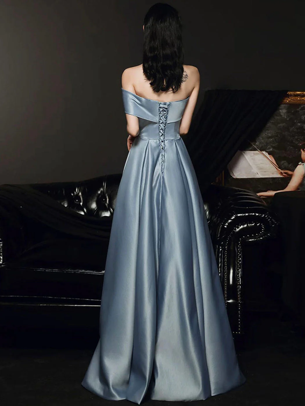 Simple A Line Satin Gray Blue Long Prom Dress, Gray Blue Long Bridesmaid Dress - Deanwangkt
