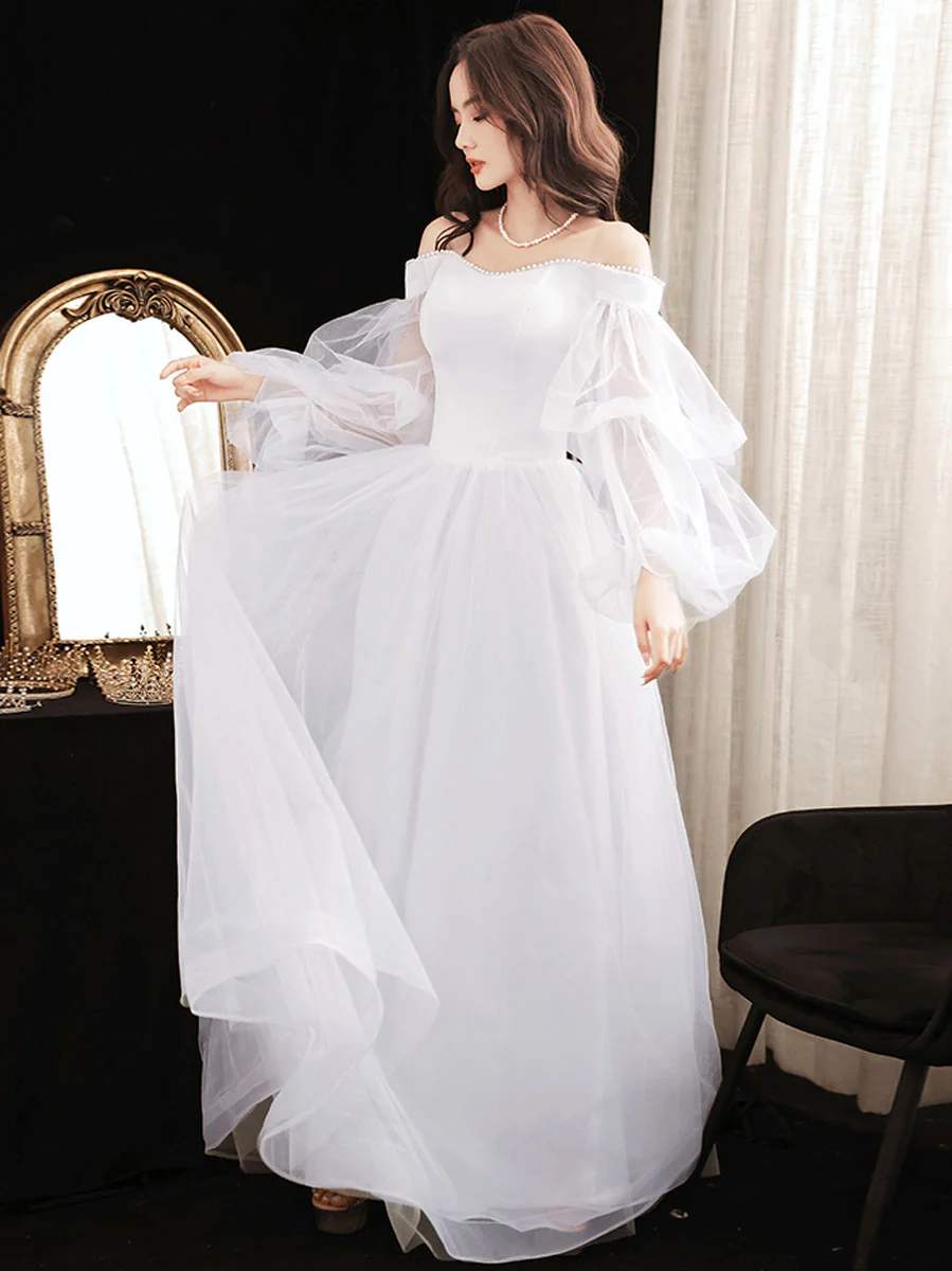 Simple White Tulle Long Prom Dress, White Formal Dresses - Deanwangkt