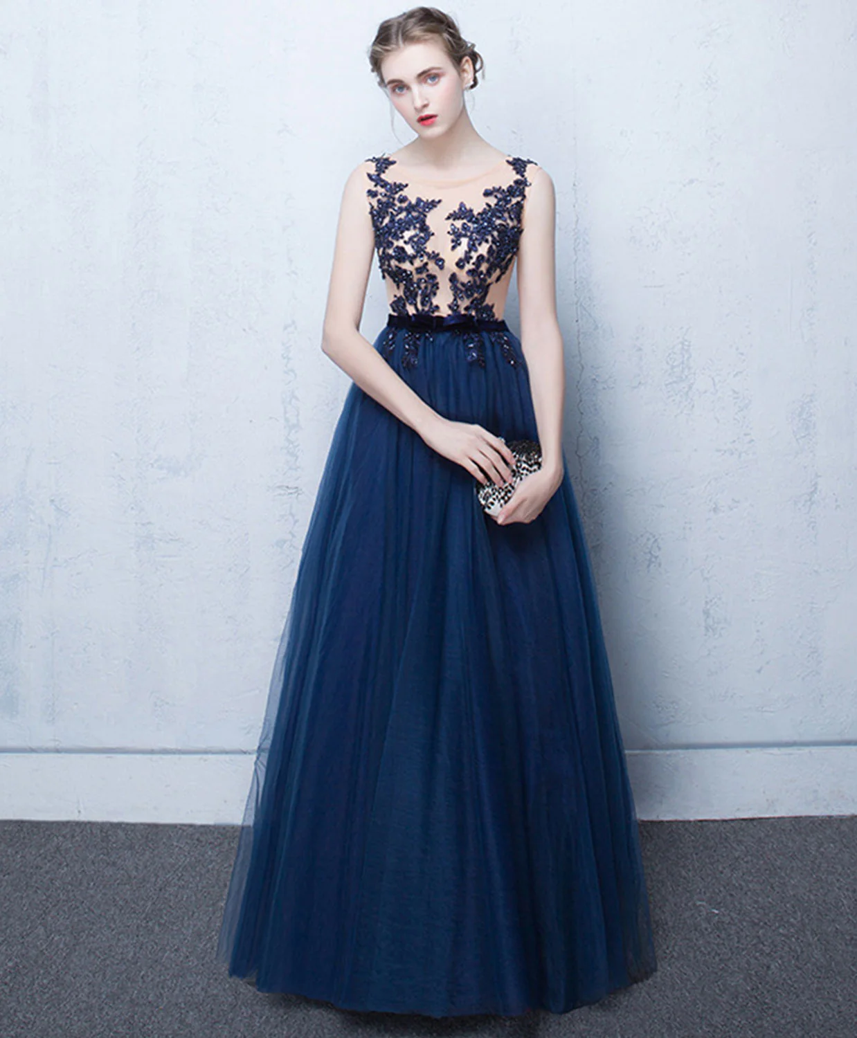 Elegant Dark Blue Tulle Lace Long Prom Dress, Blue Evening Dress - Deanwangkt