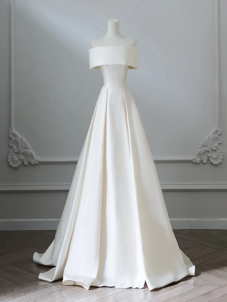A-Line Off Shoulder Satin ivory Long Prom Dress, ivory Long Formal Dress - Deanwangkt