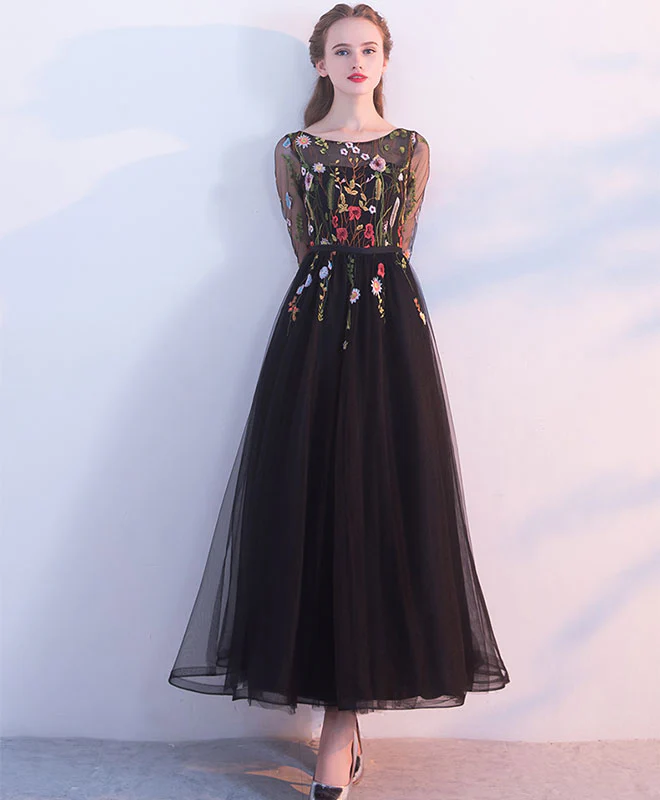 Black Lace Tulle Long Prom Dress, Black Evening Dress - Deanwangkt
