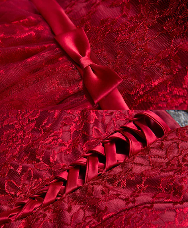 Burgundy A Line Lace Short Prom Dress, Burgundy Evening Dress - Deanwangkt