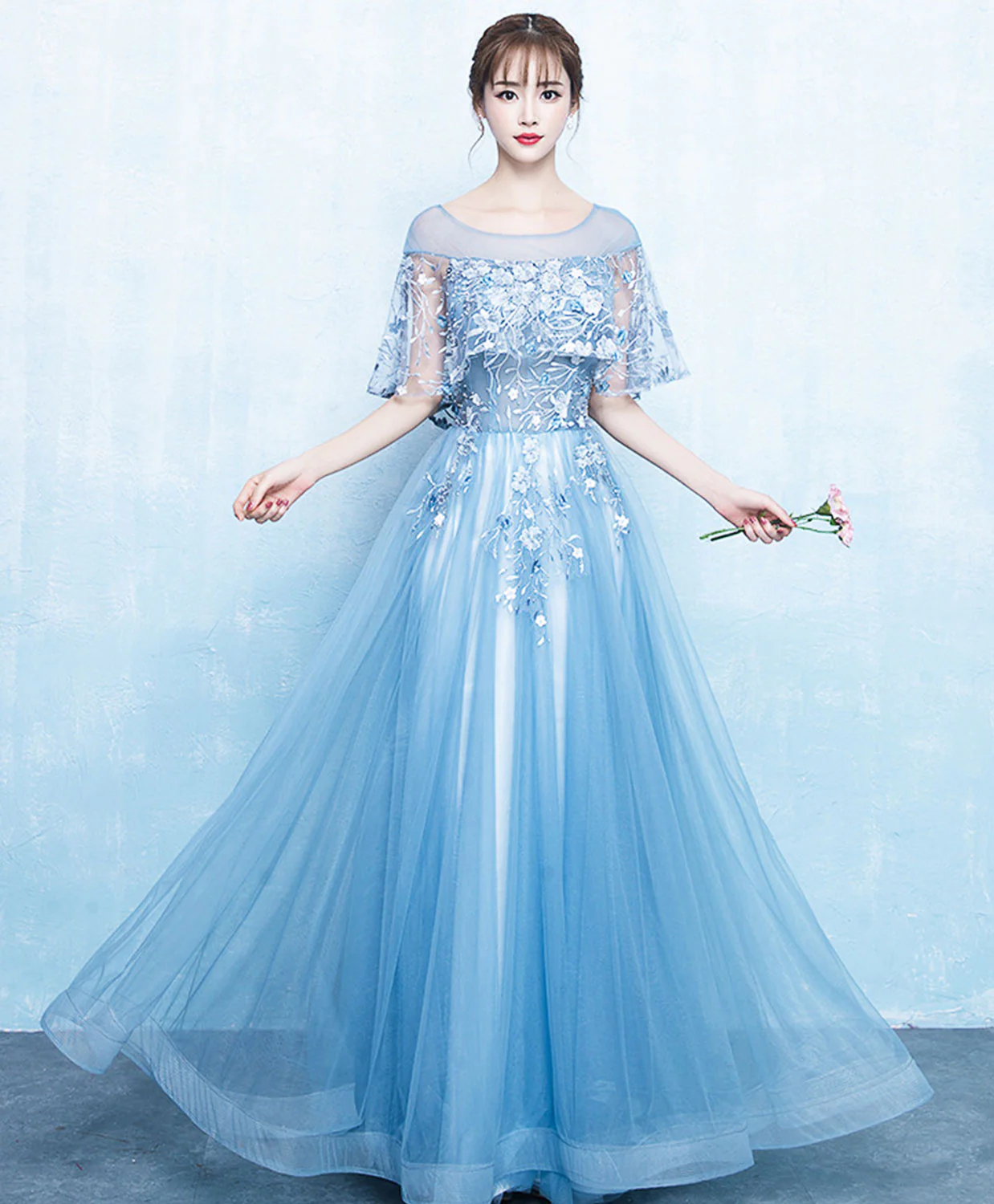 Blue Tulle Lace Long Prom Dress, Blue Tulle Evening Dress - Deanwangkt