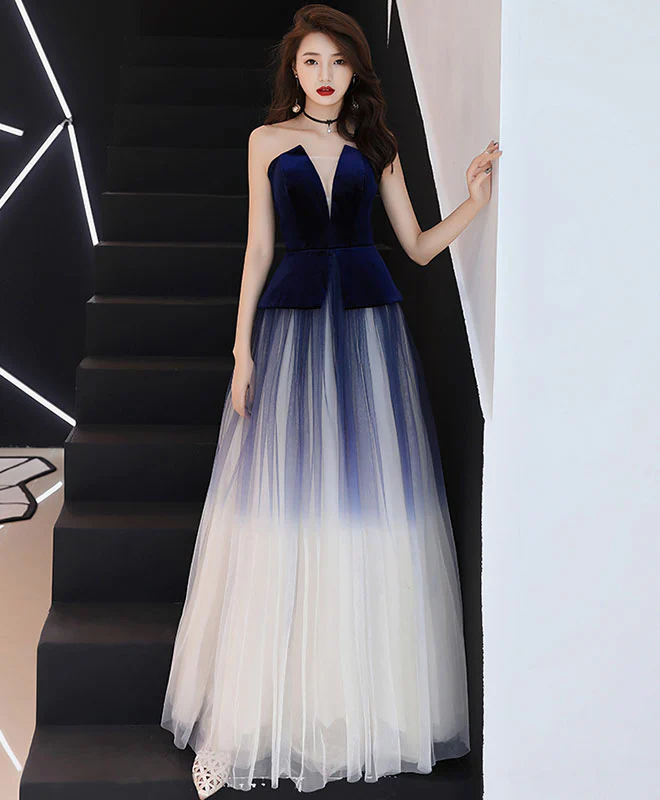 Unique Tulle Dark Blue Long Prom Dress, Tulle Evening Dress - Deanwangkt