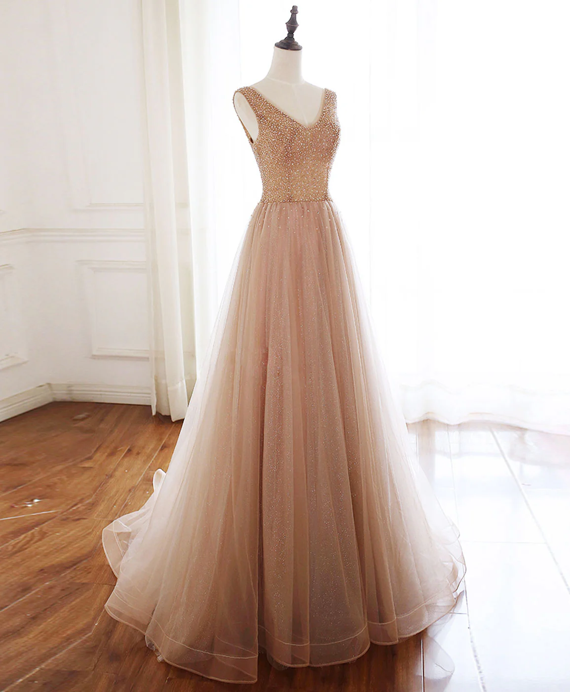 Champagne V Neck Tulle Beads Long Prom Dress Evening Dress - Deanwangkt
