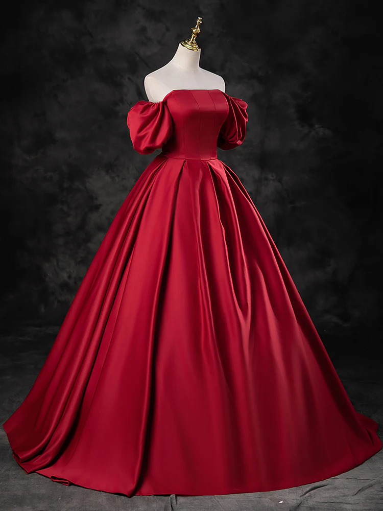 A-Line Burgundy Satin Long Prom Dress, Burgundy Long Evening Dress - Deanwangkt