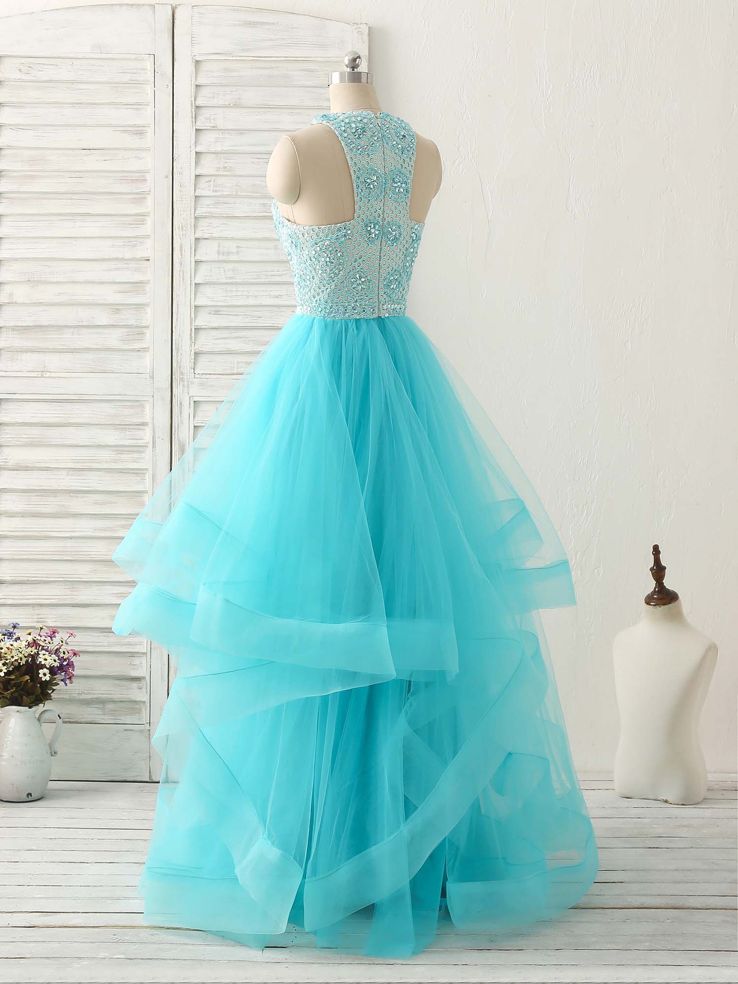Blue High Neck Tulle Long Prom Dress Blue Evening Dress - Deanwangkt