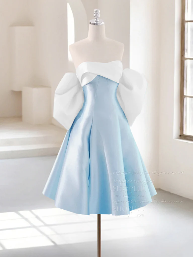 A-Line Sweetheart Neck White/ Blue Short Prom Dress, Cute Homecoming Dress - Deanwangkt