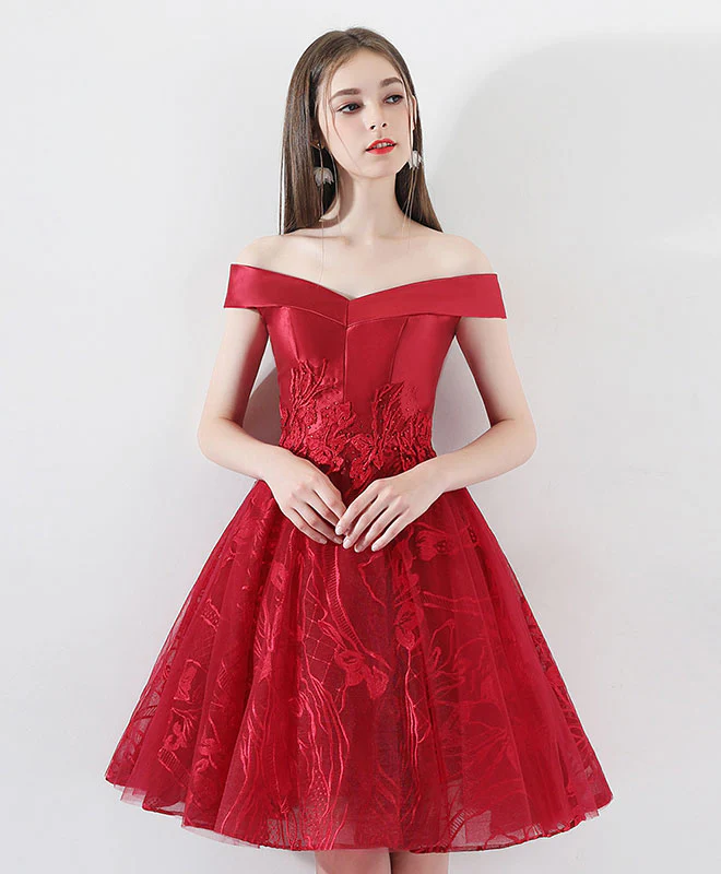 Burgundy Lace Tulle Short Prom Dress, Burgundy Homecoming Dress - Deanwangkt