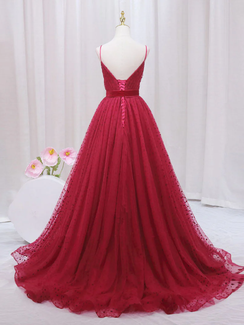 A-Line V Neck Tulle Burgundy Long Prom Dress, Burgundy Formal Dresses - Deanwangkt