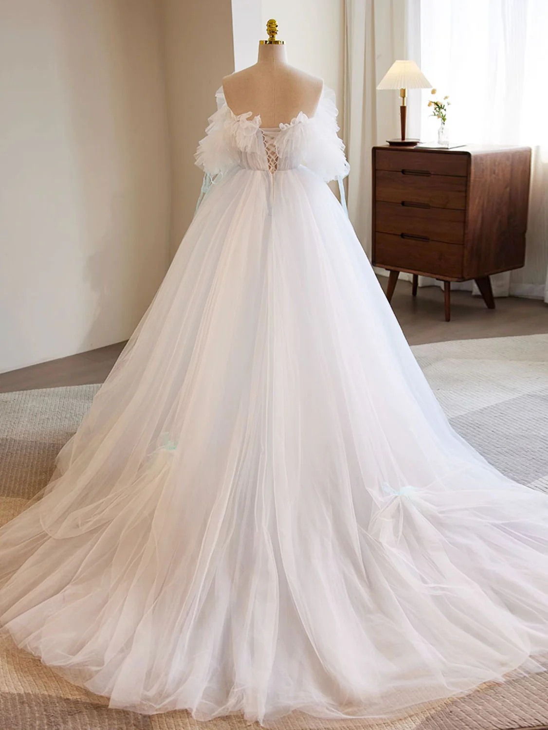 White A-Line Tulle Long Prom Dress, White Formal Dress - Deanwangkt