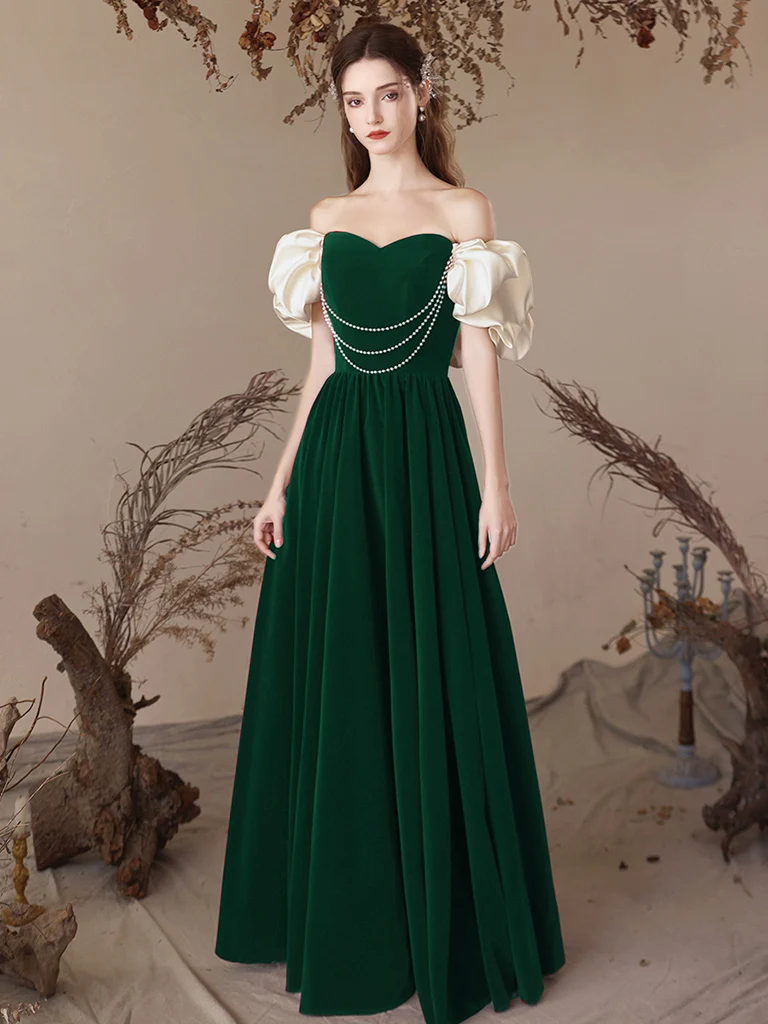 A-Line Sweetheart Neck Velvet Green Long Prom Dress, Green Long Formal Dress - Deanwangkt
