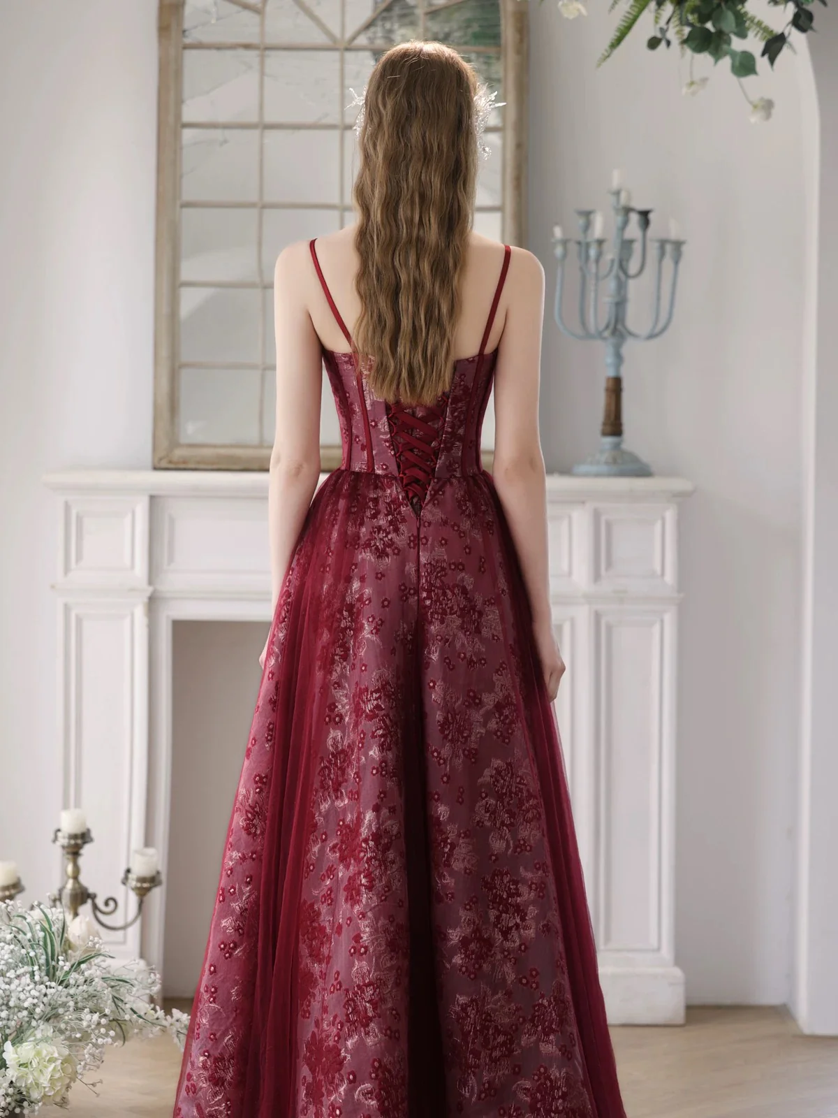 A-Line Tulle Lace Burgundy Long Prom Dress, Burgundy Long Formal Dress - Deanwangkt