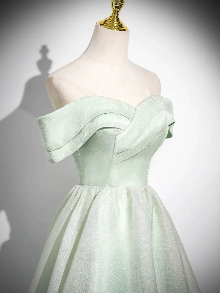 A-Line Off Shoulder Tulle Green Long Prom Dress, Green Long Formal Dress - Deanwangkt