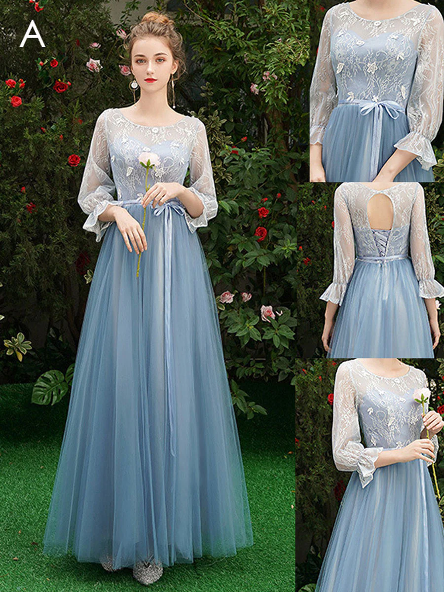 Simple A line Lace Blue Long Prom Dresses, Blue Lace Bridesmaid Dresses - Deanwangkt