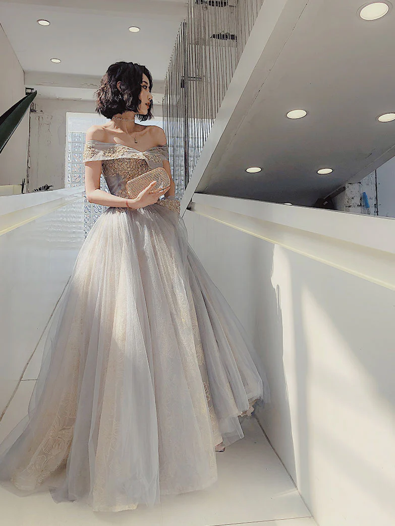 Unique Off Shoulder Tulle Long Gray Prom Dress, A line Tulle Lace Evening Dress - Deanwangkt