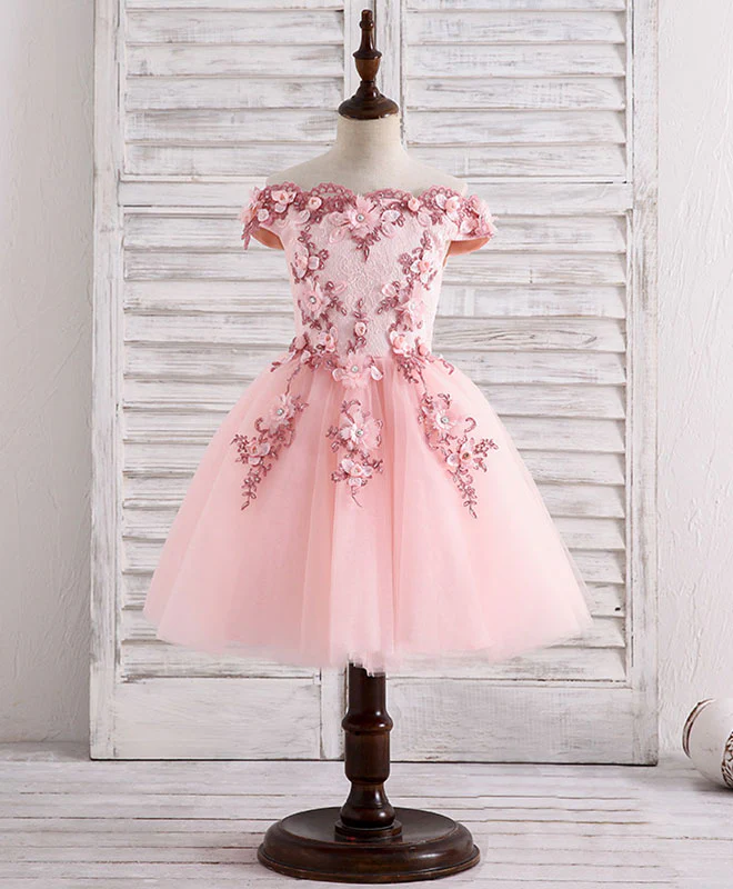 Pink Tulle Lace Applique Short Flower Girl Dresses - Deanwangkt