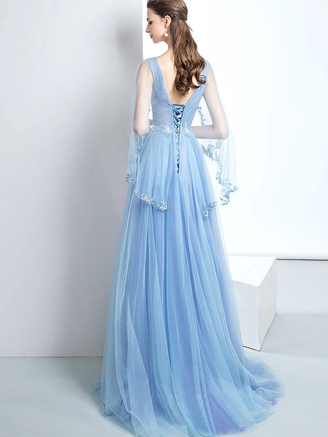 A-Line V Neck  Tulle Lace Blue Long Prom Dresses, Blue Formal Evening Dress - Deanwangkt