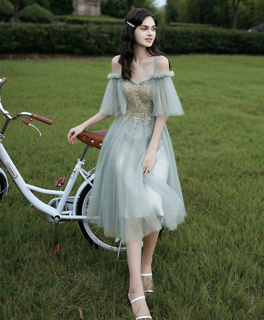 A-Line Green Short Prom Dress, Green Lace Tulle Homecoming Dress - Deanwangkt