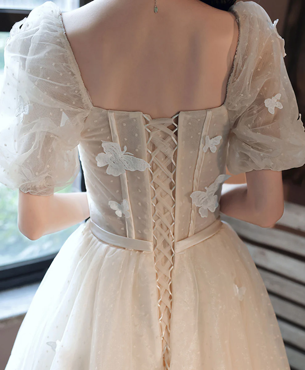 Light Champagne Tulle Long Prom Dress, Light Champagne Evening Dress - Deanwangkt