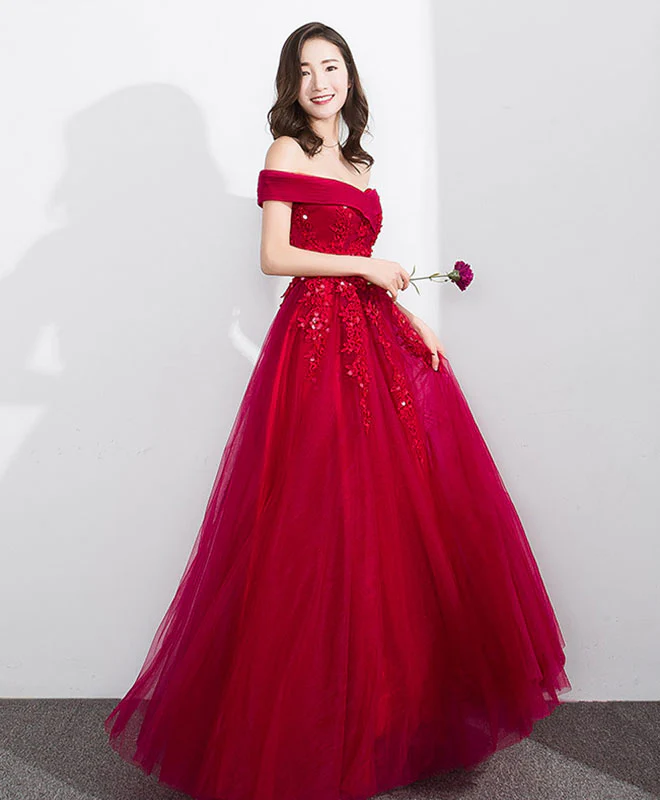 Burgundy Off Shoulder Tulle Lace Long Prom Dress, Evening Dress - Deanwangkt
