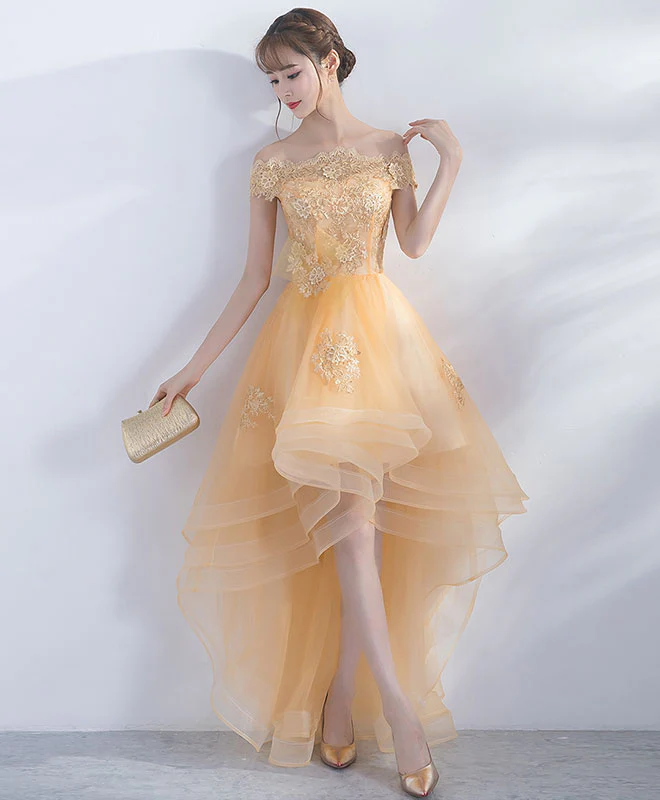 Champagne Tulle Lace Short Prom Dress, Champagne Homecoming Dresses - Deanwangkt