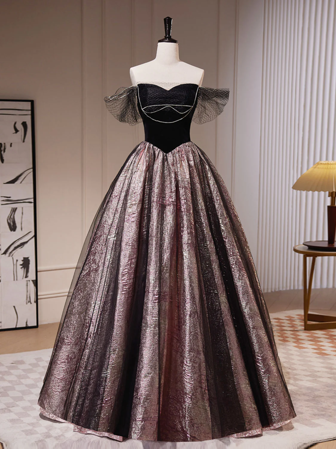 Black A-Line Satin Tulle Long Prom Dresses, Black Formal Black Evening Dress - Deanwangkt