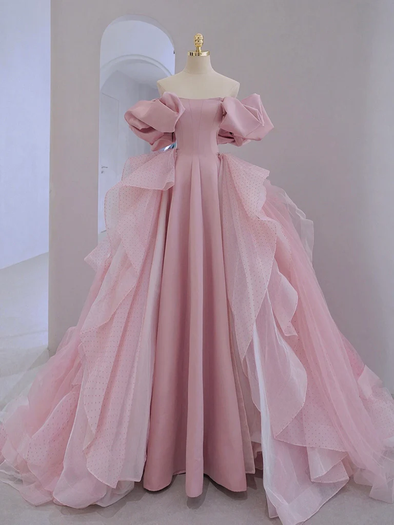 A-Line Satin Tulle Pink Long Prom Dress. Pink Long Evening Dress - Deanwangkt