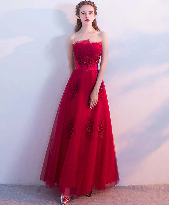 Burgundy Tulle Lace Long Prom Dress, Burgundy Tulle Evening Dress - Deanwangkt