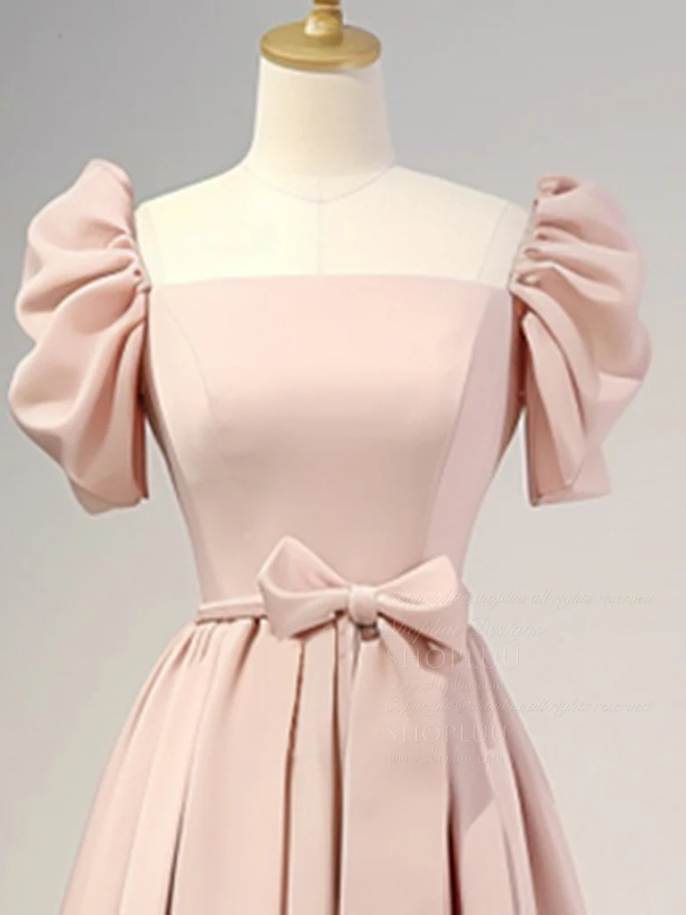 A-Line Puff Sleeves Satin Pink Long Prom Dress, Pink Long Bridesmaid Dress - Deanwangkt