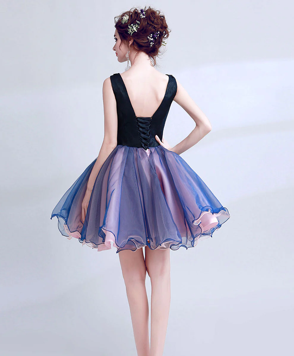 Dark Blue Lace Tulle Short Prom Dress, Puffy Blue Short Homecoming Dress - Deanwangkt