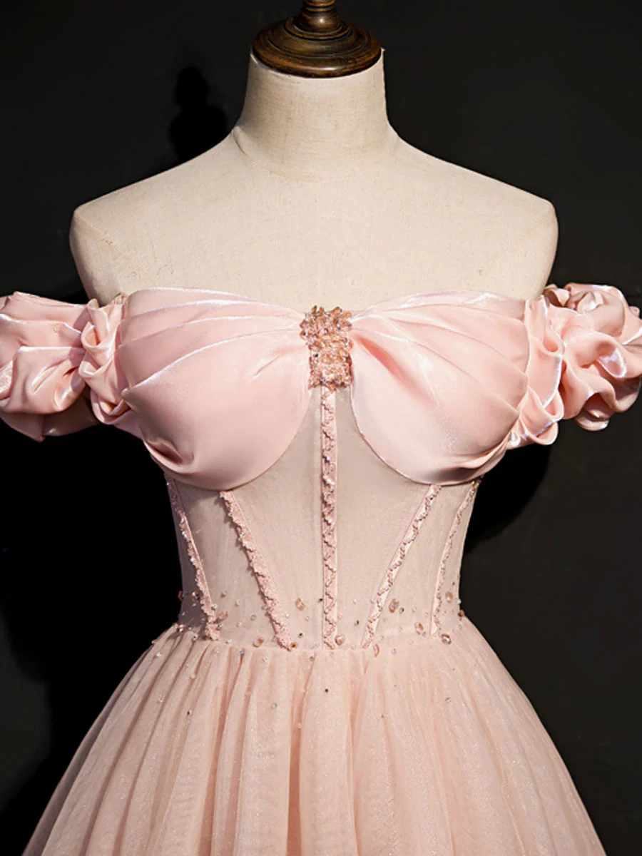 A line Pink Long Prom Dresses, Pink Tulle Formal Graduation Dresses With Beading - Deanwangkt
