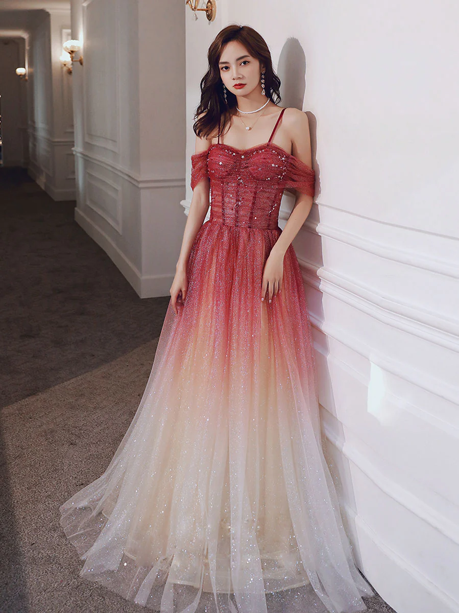 A line Sweetheart Neck Tulle Long Prom Dress Burgundy Off Shoulder Evening Dress - Deanwangkt