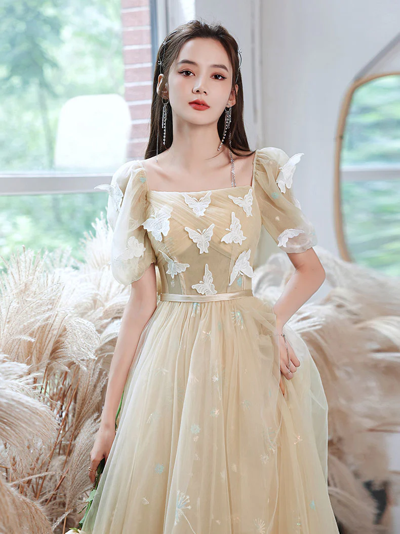 Champagne Tulle Lace Long Prom Dress, Champagne Tulle Formal Dress - Deanwangkt