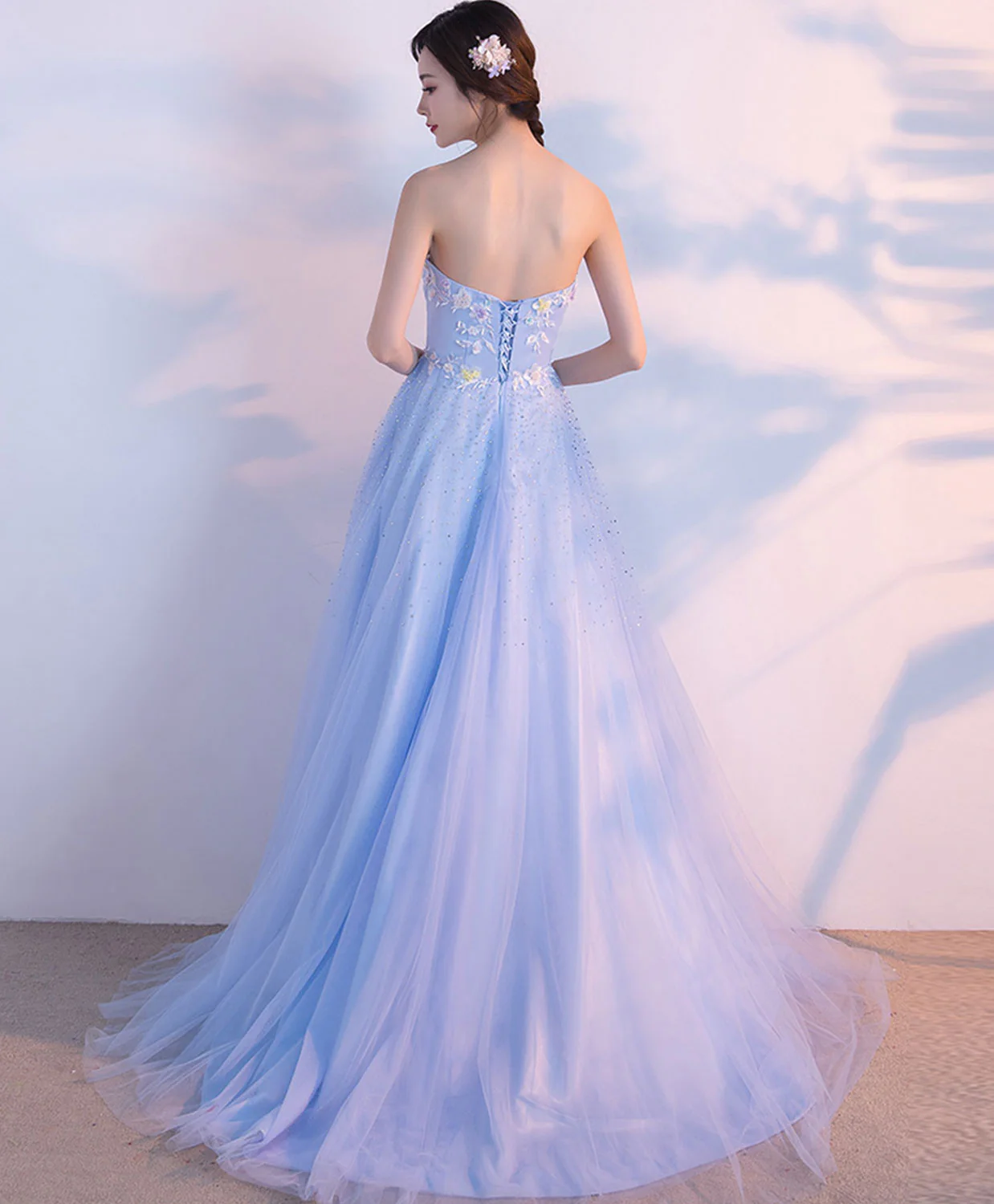 Light Blue Sweetheart Neck Long Prom Dress, Lace Formal Dress - Deanwangkt