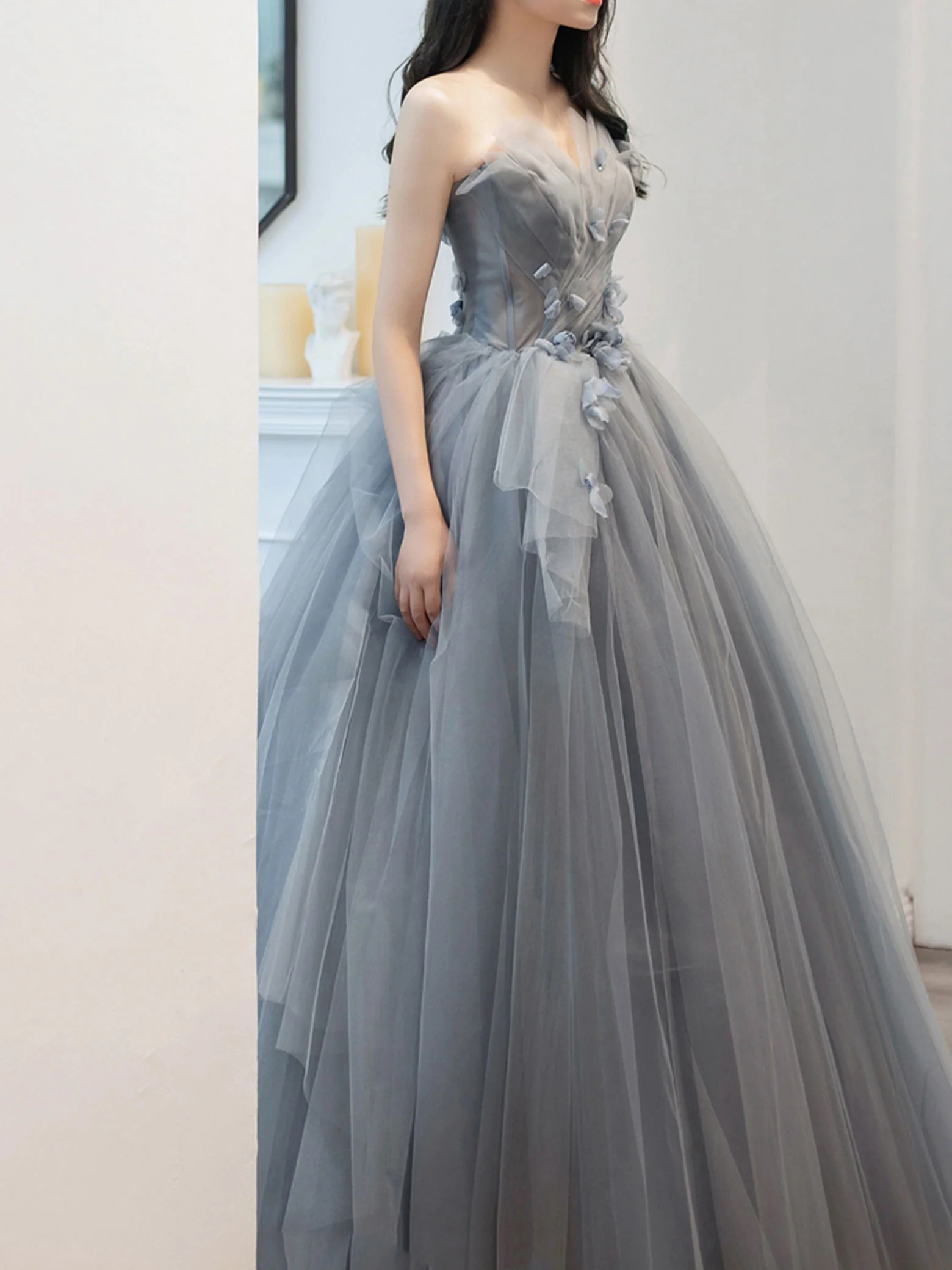 Gray Long Prom Dress, Gray Tulle Ball Gown Formal Dresses - Deanwangkt