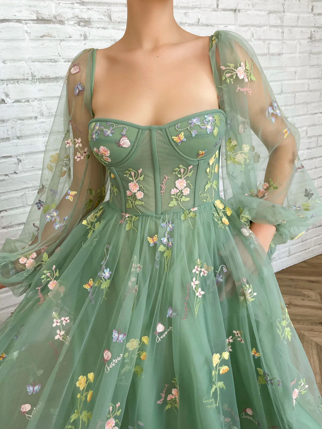Elegant Long Sleeves Tulle Tea Length Puffy Green Prom Dress, Green Bridesmaid Dresses - Deanwangkt
