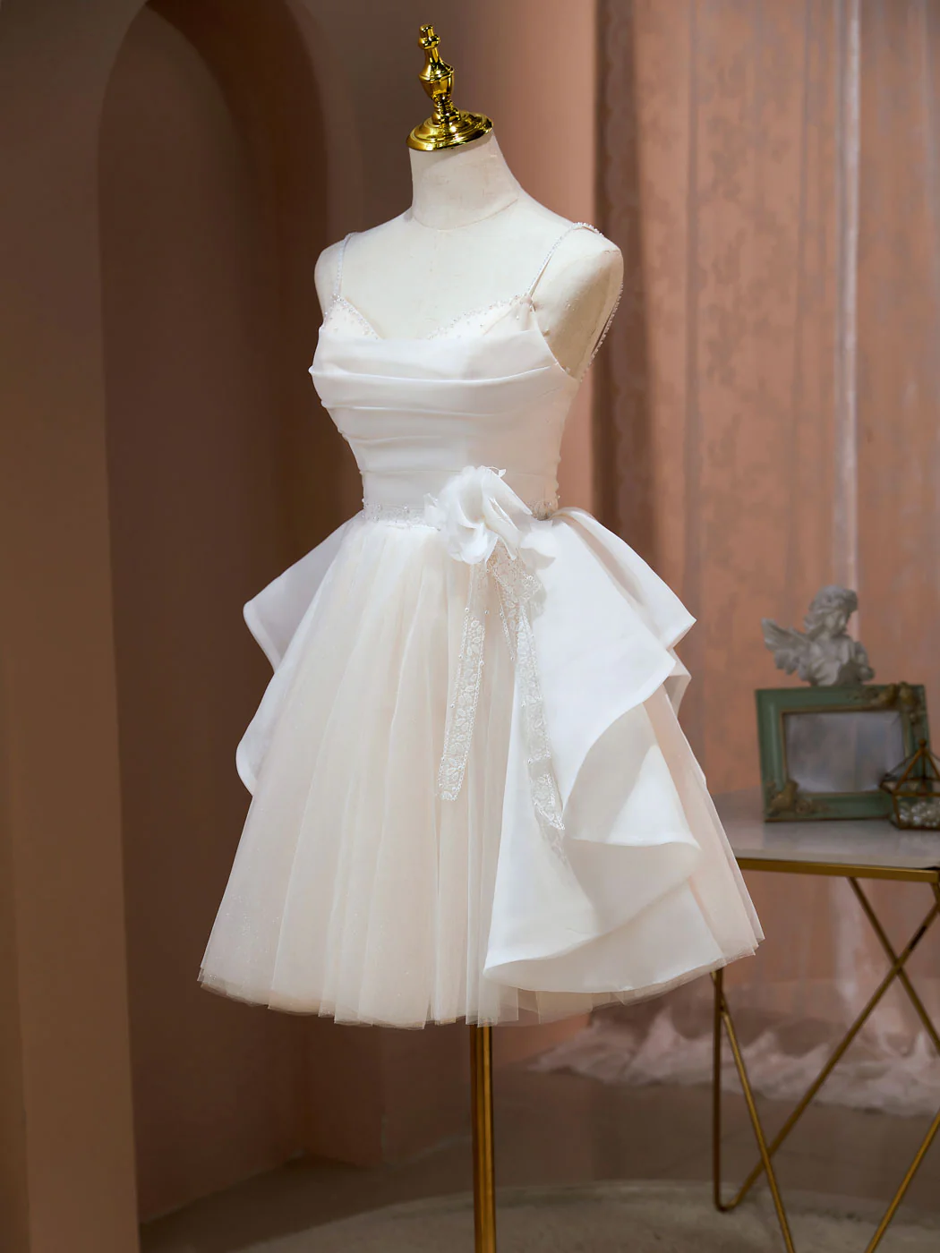 A Line V Neck Champagne Short Prom Dresses, Formal Mini Gown Cute Puffy Homecoming Dresses - Deanwangkt