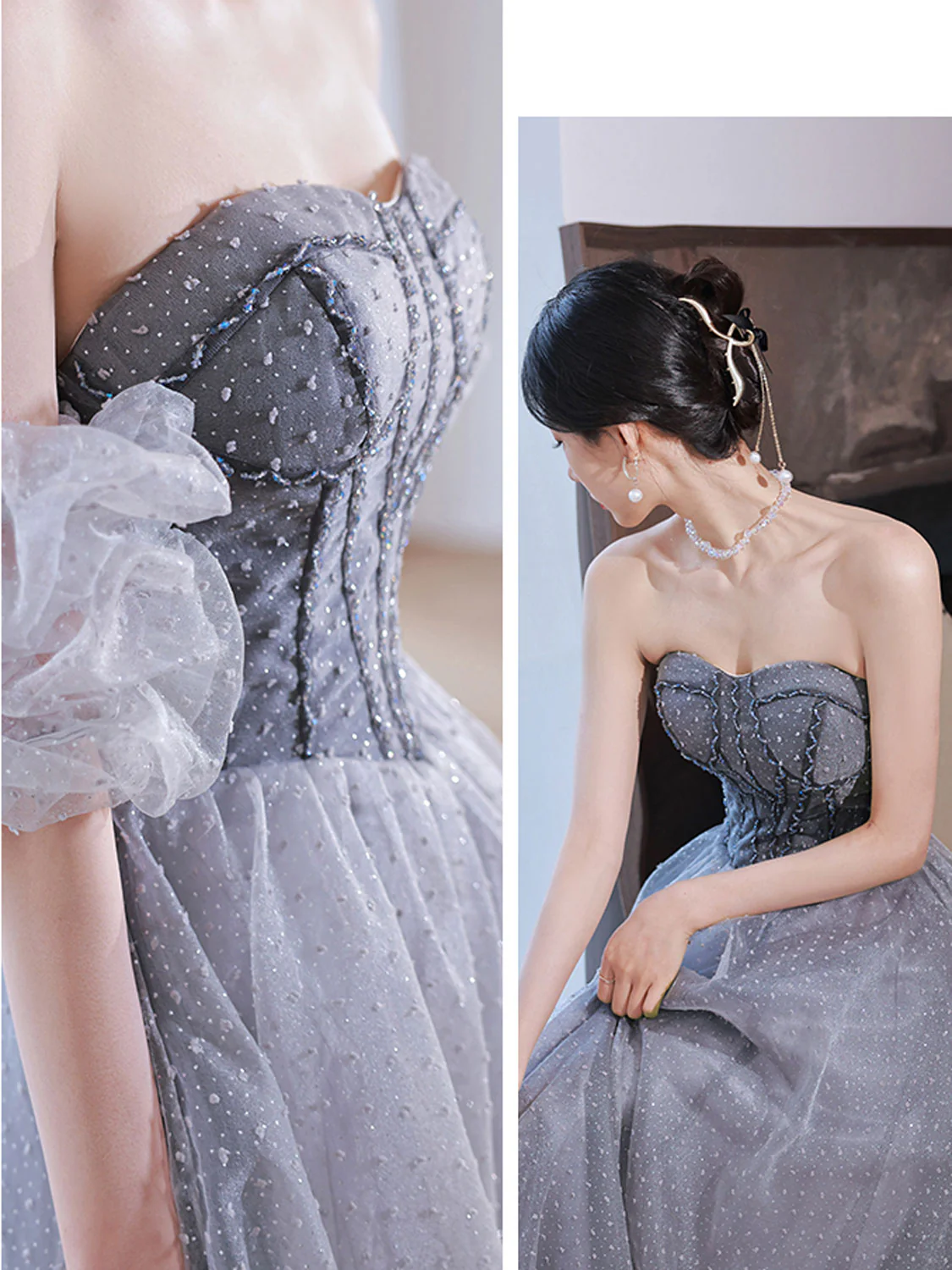 Gray Aline Tulle Gray Long Prom Dresses, Aline Gray Tulle Formal Evening Dresses - Deanwangkt