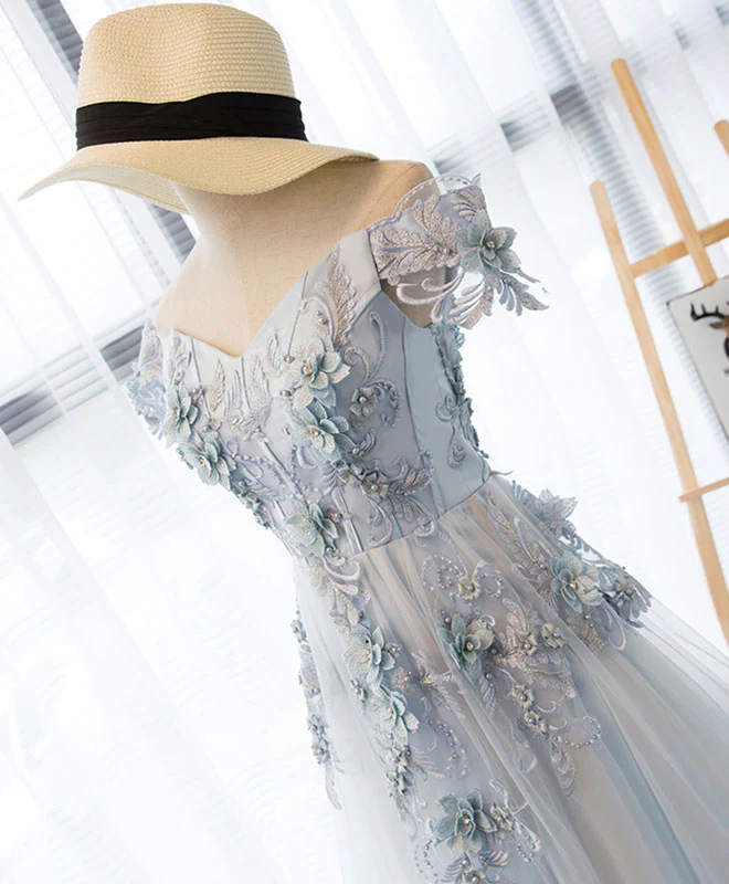 Gray Lace Off Shoulder Short Prom Dress, Homecoming Dress - Deanwangkt