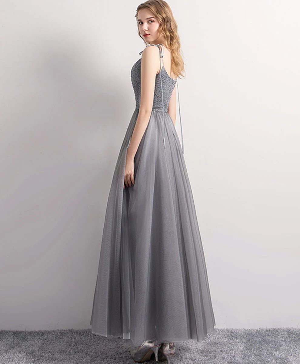 Gray Tulle Sequin Tea Length Prom Dress Gray Tulle Formal Dress - Deanwangkt