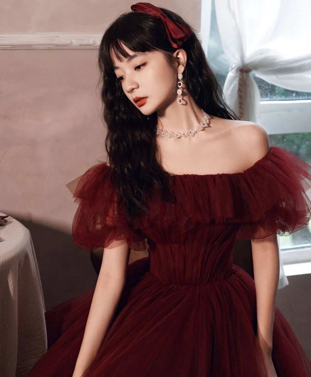 Simple Burgundy Off Shoulder Tulle Long Prom Dress Burgundy Evening Dress - Deanwangkt